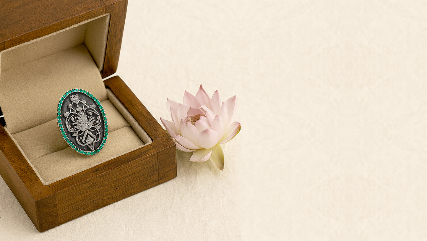 Sangeeta Boochra Artisan Oxidized Silver Brooch with Intricate Floral Engraving