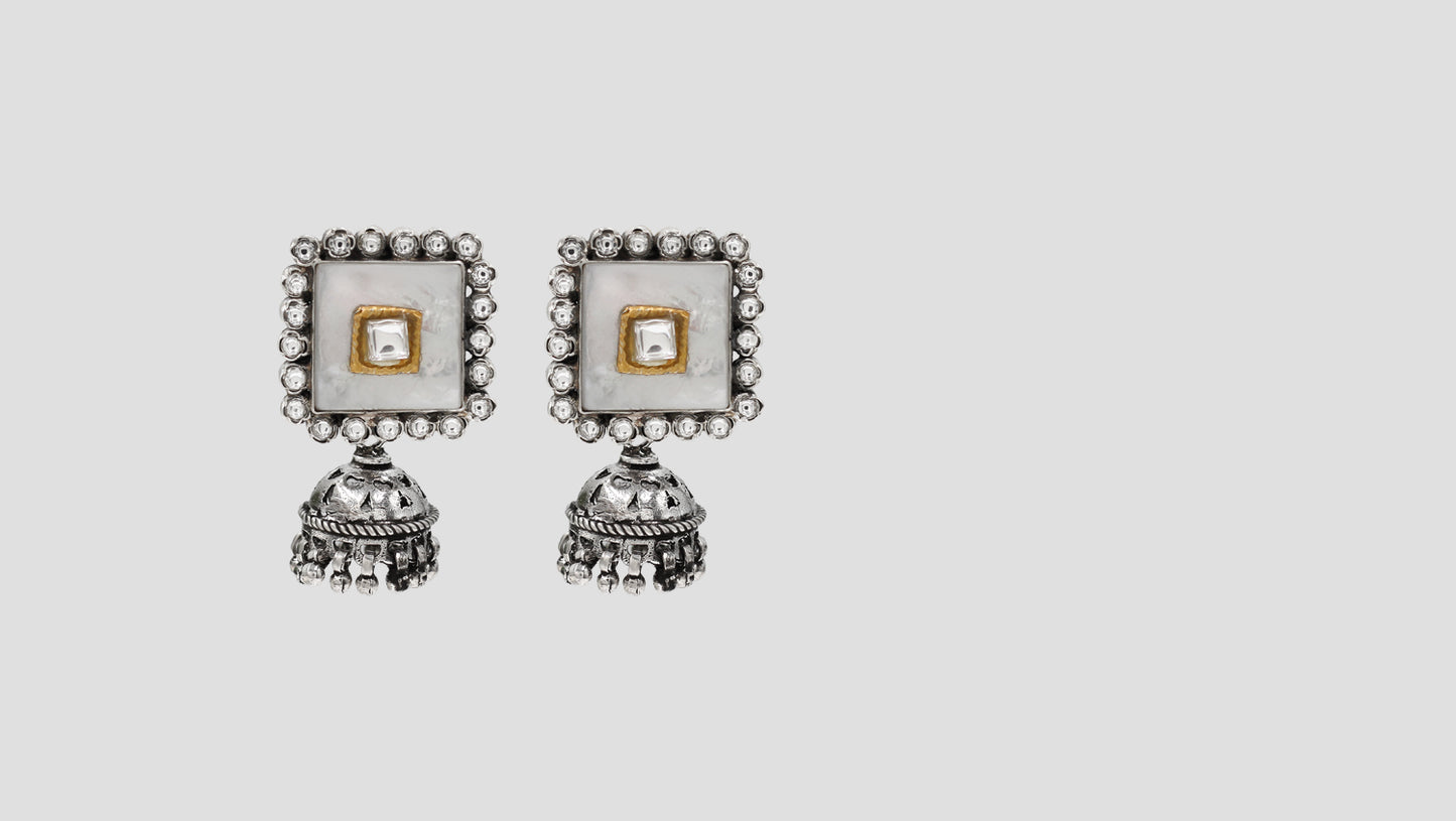 Sangeeta Boochra Square Motif Oxidised Silver Jhumka Earrings