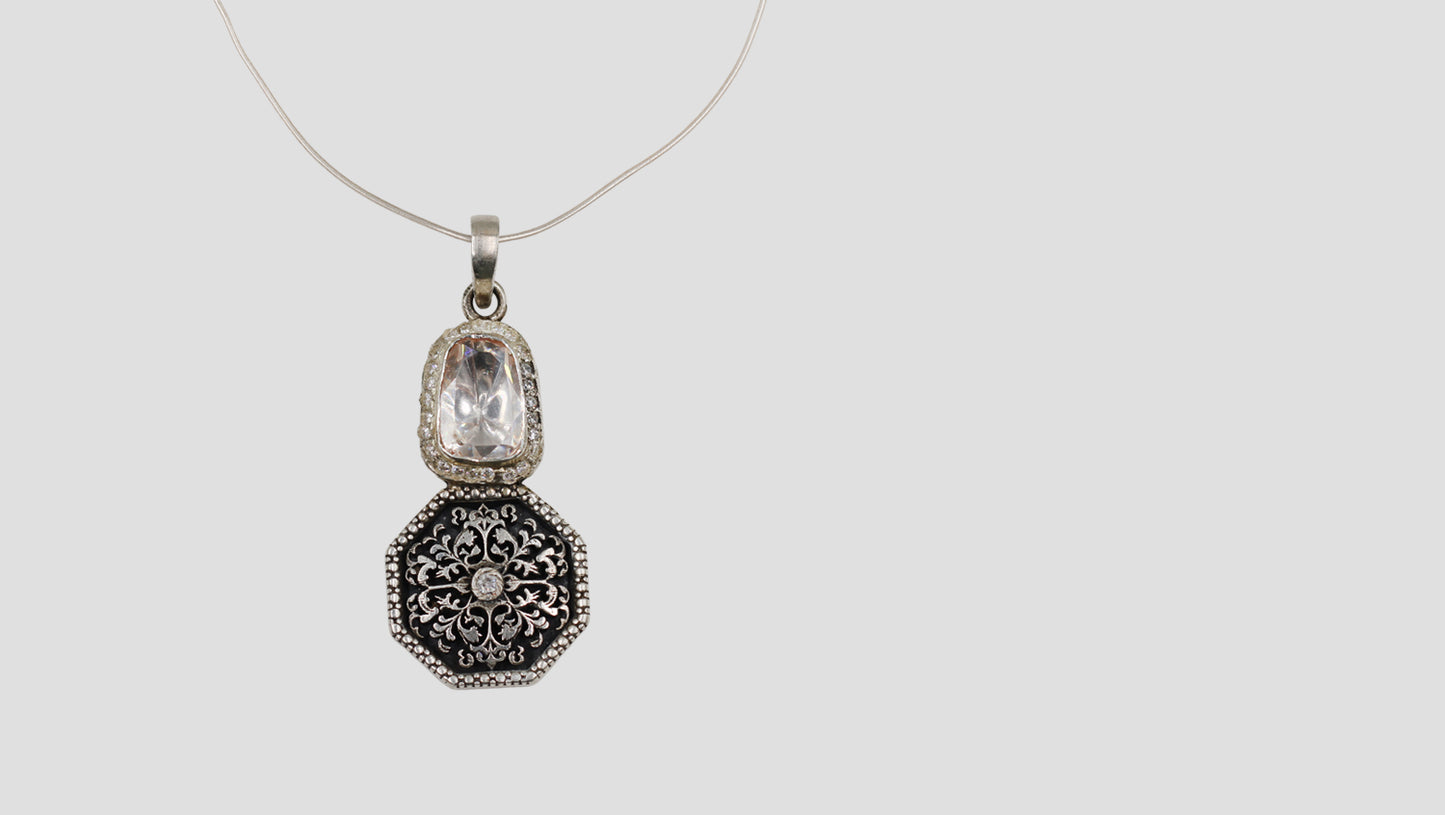 Sangeeta Boochra Designer Oxidised Silver Pendant with Floral Motif & Moissanite