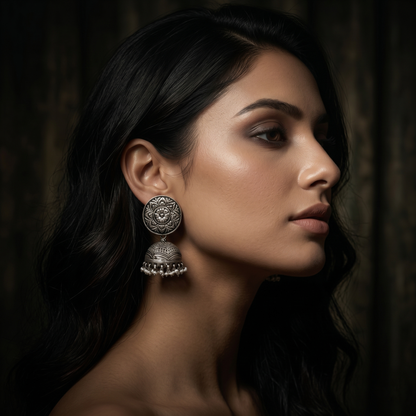 Sangeeta Boochra Floral Oxidised Silver Jhumka Earrings with Pearl Drops