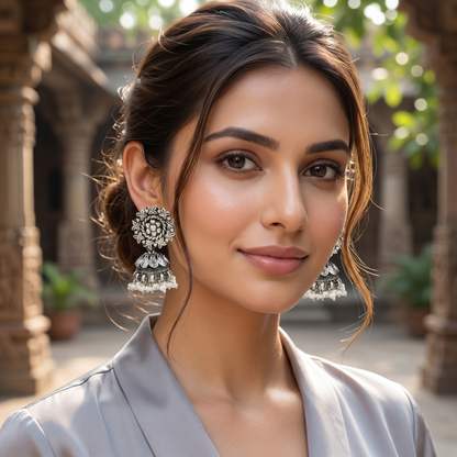 Floral Pearl Oxidised Silver Jhumka Earrings