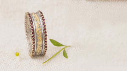 Dual-Tone Silver Heritage Bangle with Ruby Stones | Sangeeta Boochra