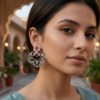 Artisan Floral Silver Earrings with Kundan Stones | Sangeeta Boochra