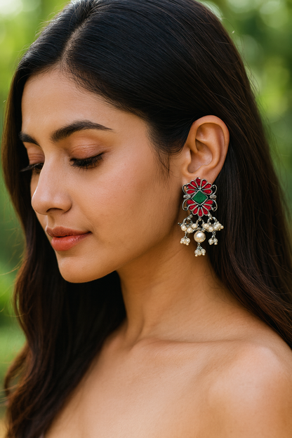 Handcrafted Silver Earrings with Pearls & Enamel Work