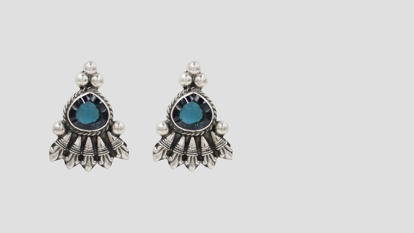 Handcrafted Oxidised Silver Blue Stone Stud Earrings | Sangeeta Boochra
