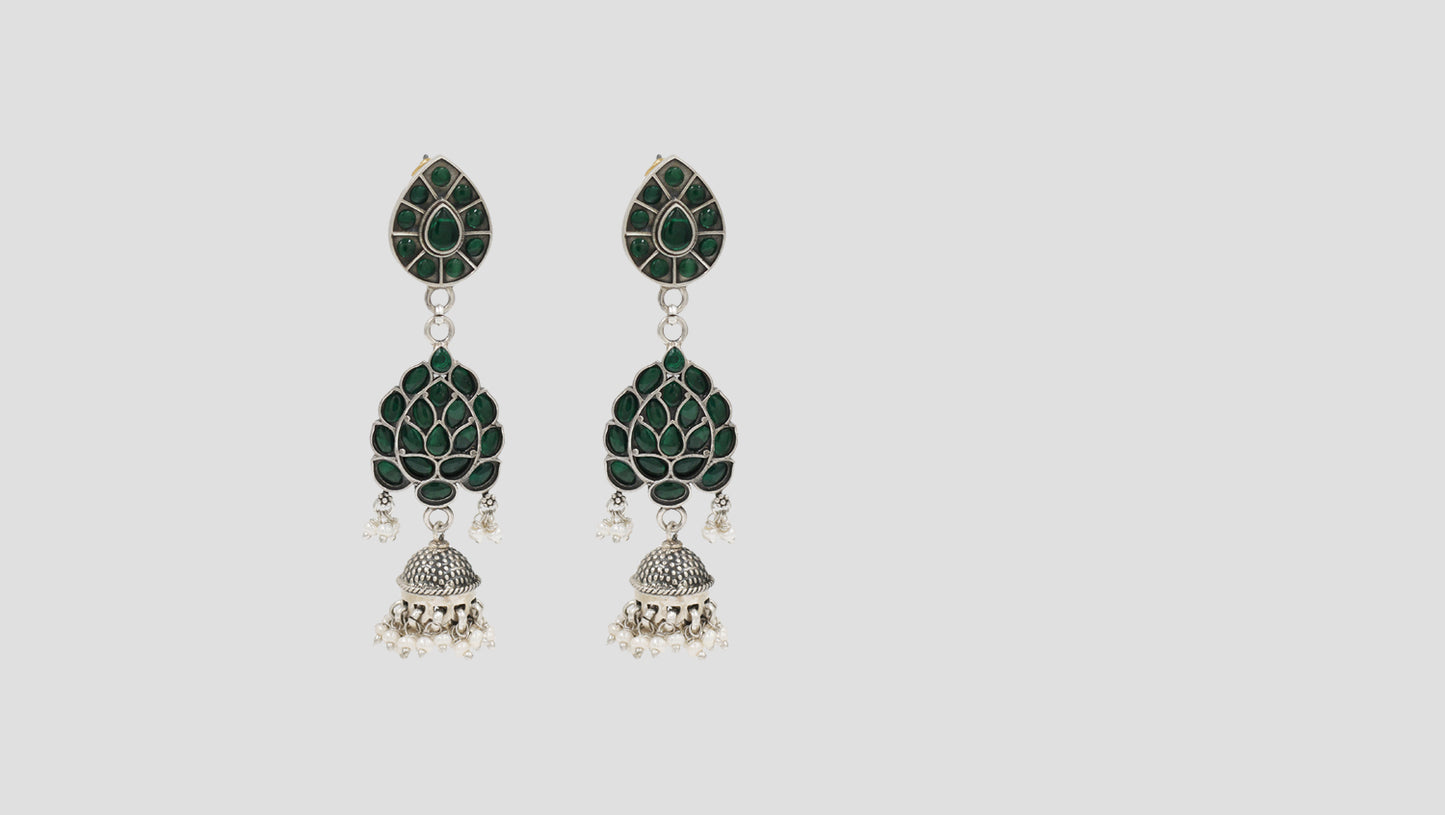 Sangeeta Boochra Green Kundan Jhumka Earrings with Pearl Drops