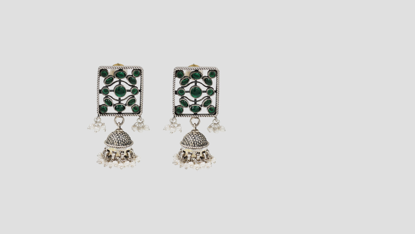 Sangeeta Boochra Handcrafted Oxidised Silver Kundan Earrings with Pearl Drops