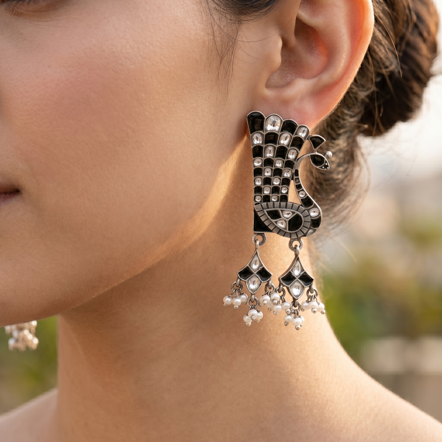 Sangeeta Boochra Artisan Kundan Earrings with Peacock Motif & Pearl Detailing