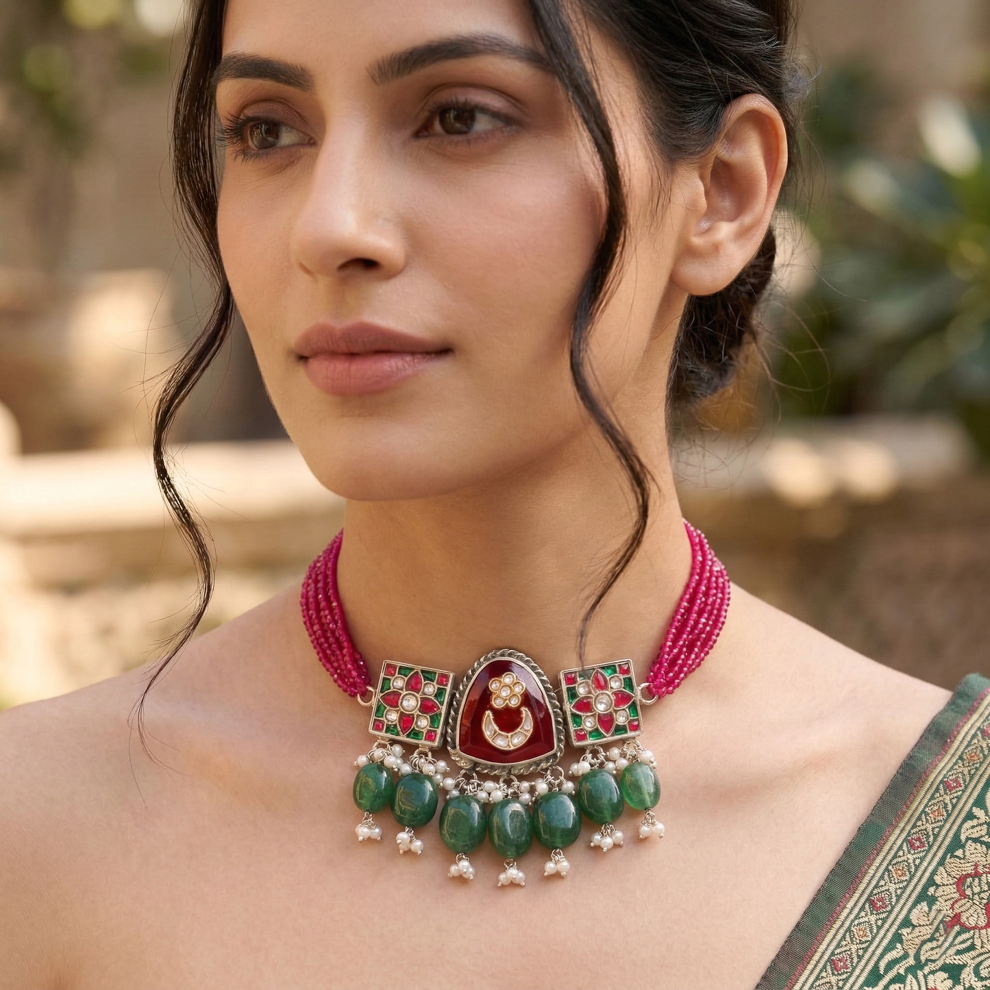 Sangeeta Boochra Red Beaded Silver Choker with Green Stone Drops