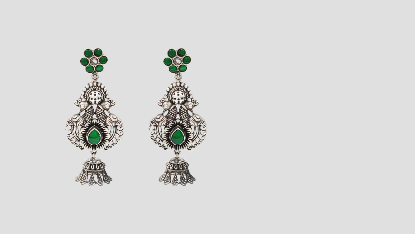 Sangeeta Boochra Peacock Motif Sterling Silver Earrings with Green Kundan & Jhumki Drop