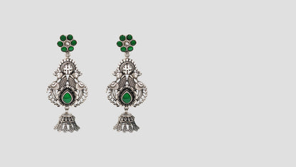 Sangeeta Boochra Peacock Motif Sterling Silver Earrings with Green Kundan & Jhumki Drop