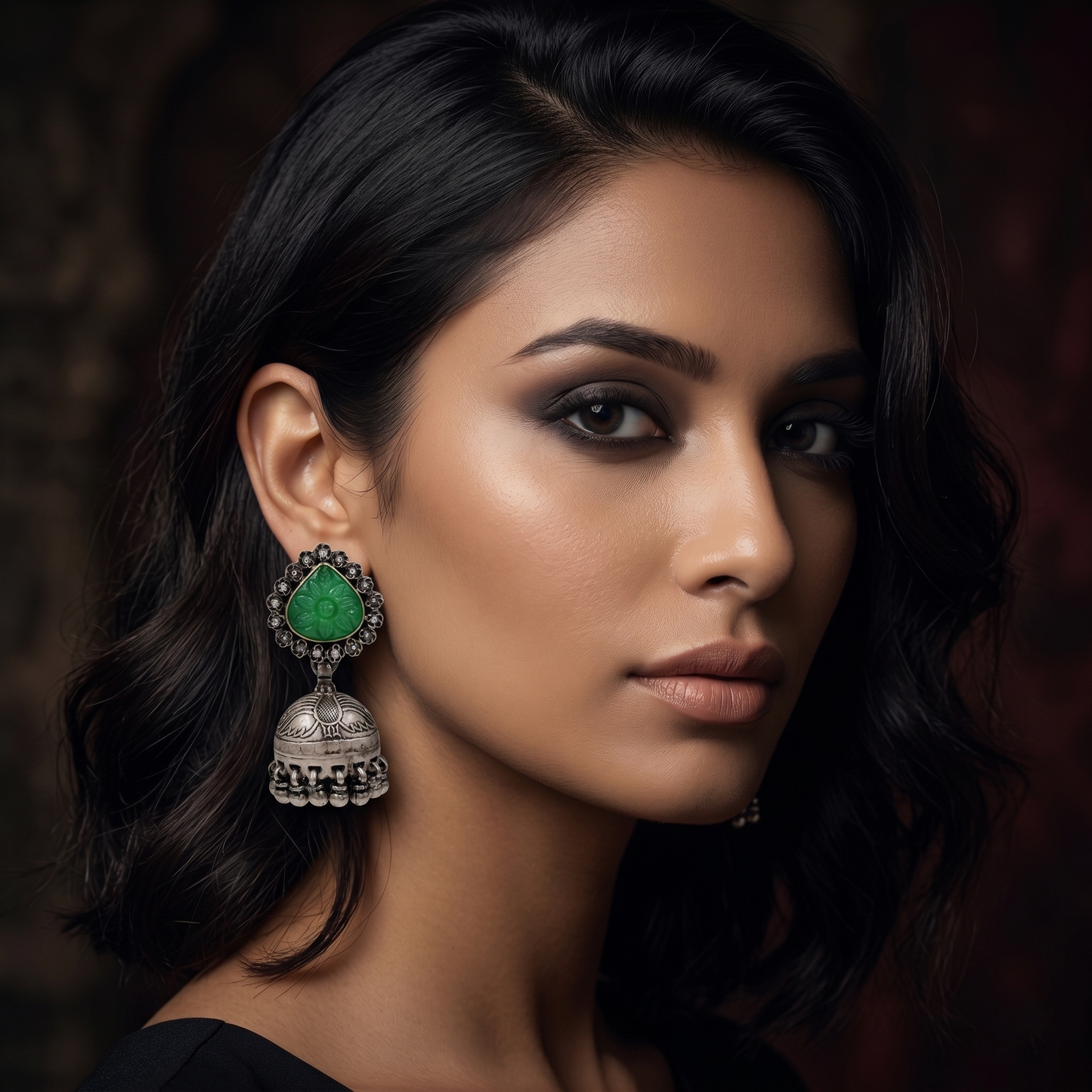 Sangeeta Boochra Floral Green Stone Oxidised Silver Jhumka Earrings