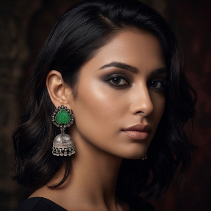 Sangeeta Boochra Floral Green Stone Oxidised Silver Jhumka Earrings