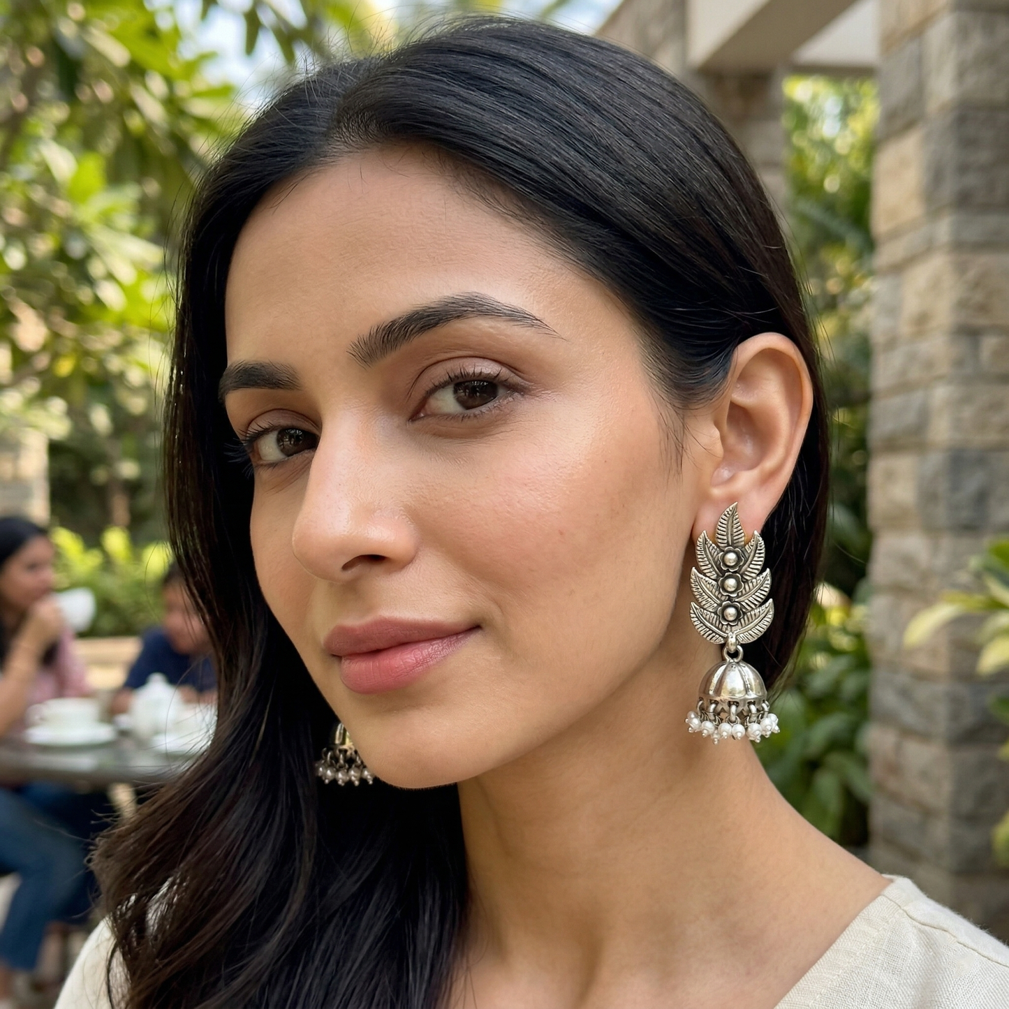 Sangeeta Boochra Leaf Motif Oxidised Silver Jhumka Earrings