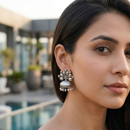 Sangeeta Boochra Floral Motif Silver Jhumka Earrings