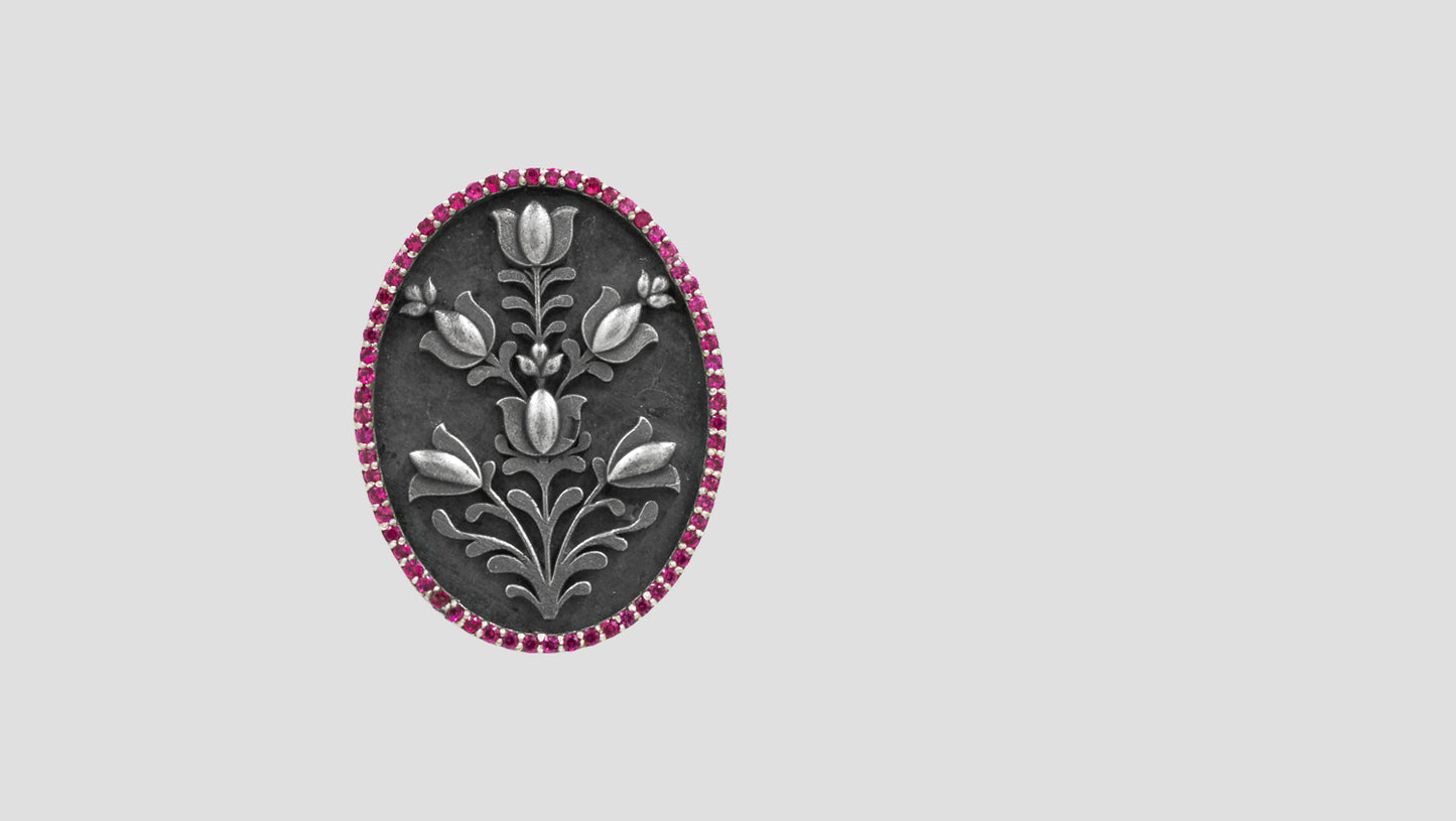 Handcrafted Silver Floral Motif Brooch with Pink Stone Detailing | Sangeeta Boochra