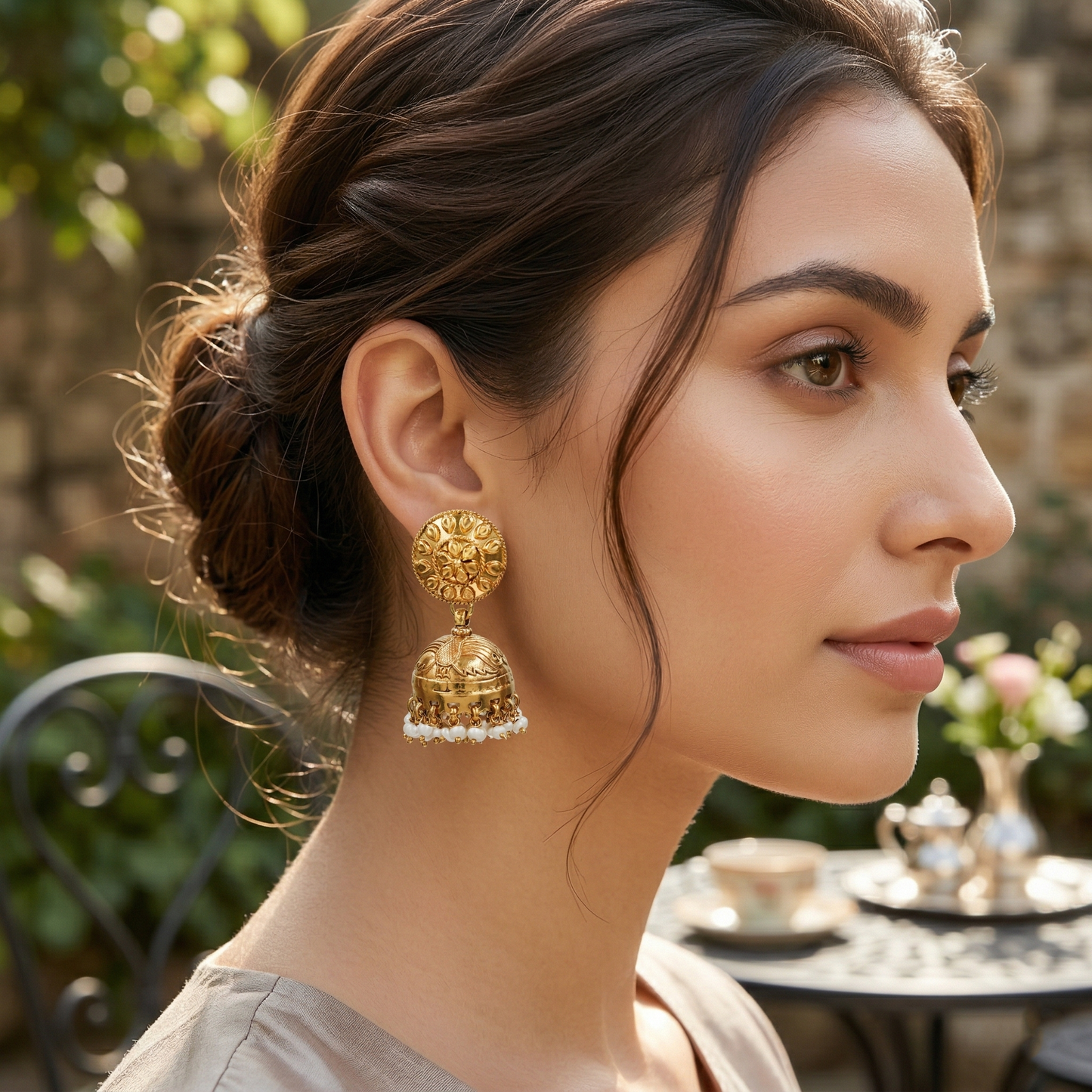 Sangeeta Boochra Traditional Floral Motif Gold-Plated Jhumka Earrings