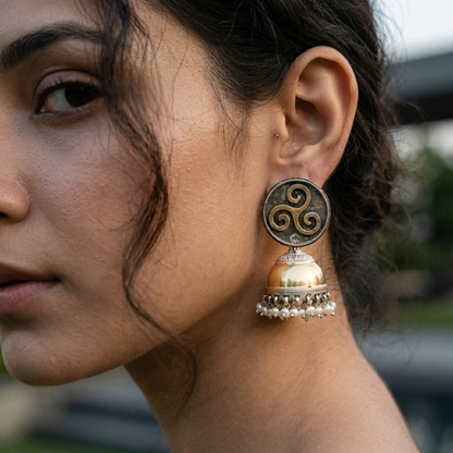 Sangeeta Boochra Antique Dual Tone Silver-Gold Jhumkas