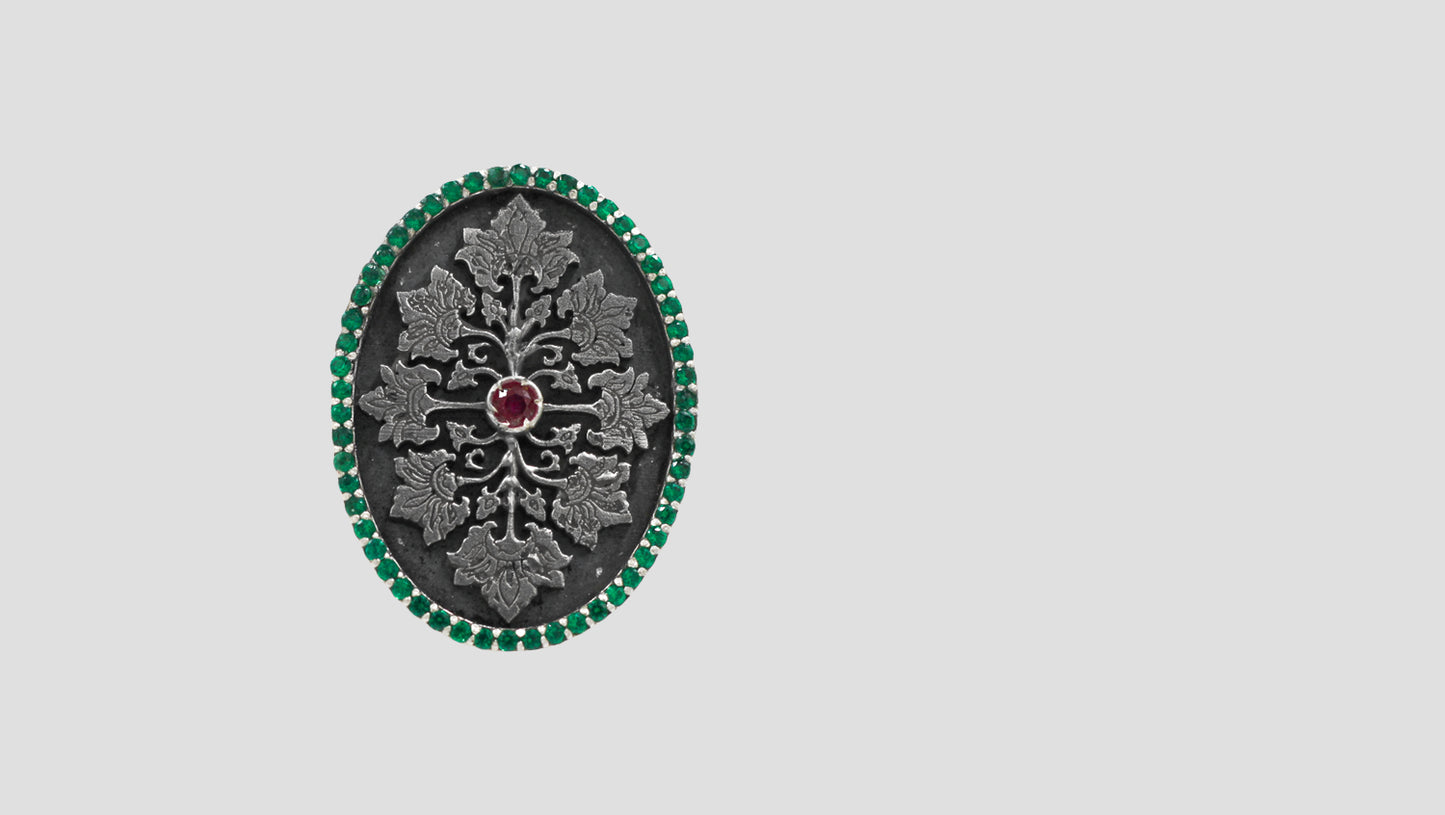Handcrafted Oxidised Silver Vintage Floral Brooch with Green Stone Detailing | Sangeeta Boochra