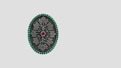 Handcrafted Oxidised Silver Vintage Floral Brooch with Green Stone Detailing | Sangeeta Boochra