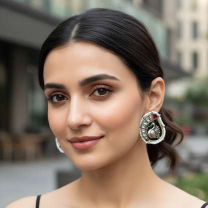 Sangeeta Boochra Heritage Peacock Design Silver Earrings