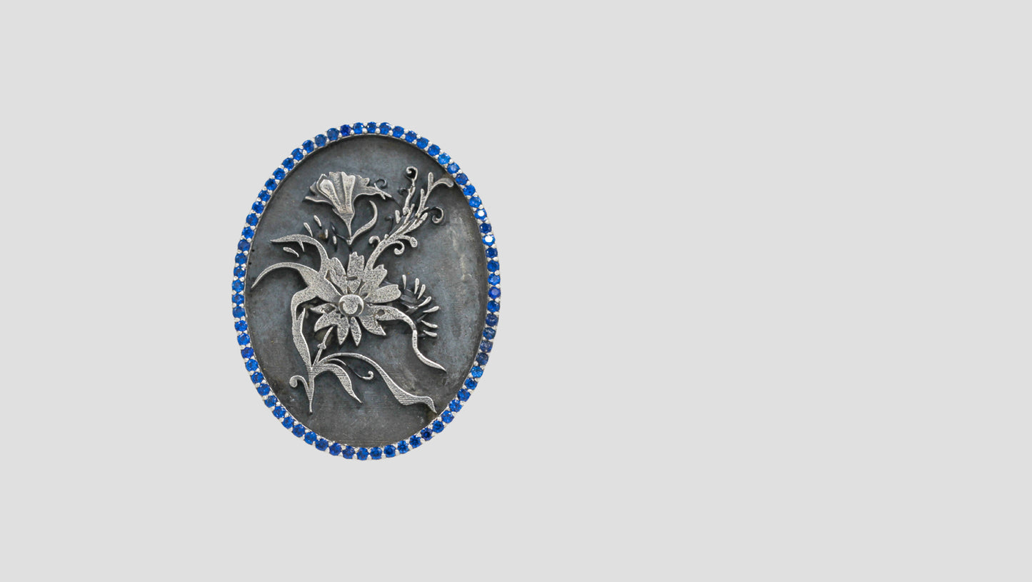 Handcrafted Oxidised Silver Heritage Floral Brooch with Blue Stone Accents | Sangeeta Boochra
