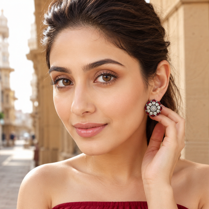 Sangeeta Boochra Handcrafted Silver Floral Earrings with Red Kundan & Moissanite