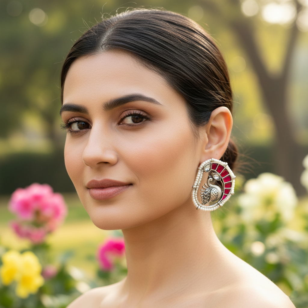 Sangeeta Boochra Ethnic Peacock Silver Earrings with Red Stone