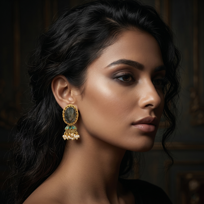 Sangeeta Boochra Gold Plated Labradorite Stone & Pearl Jhumka Earrings