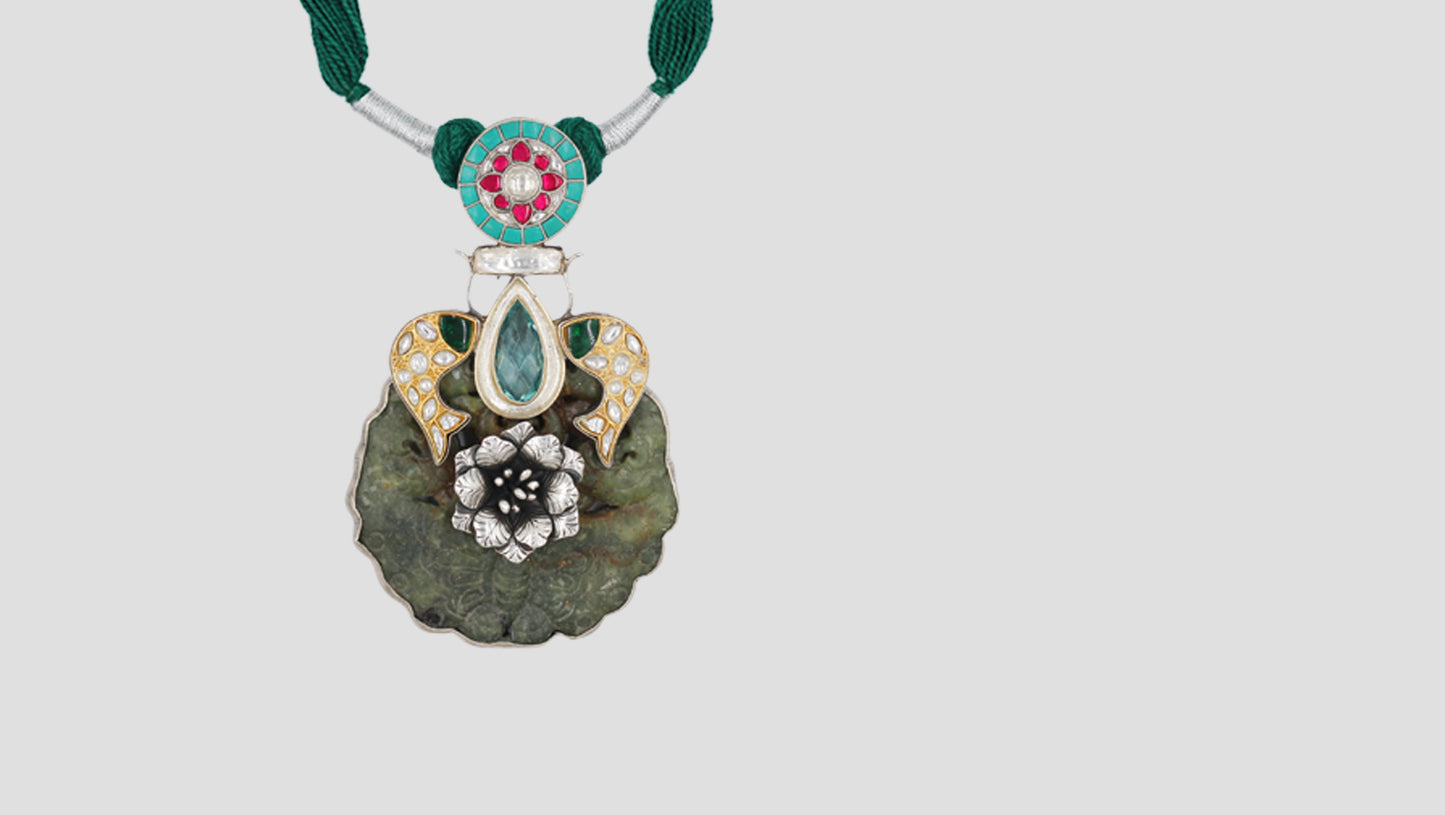 Sangeeta Boochra Handcrafted Silver Pendant with Kundan Work & Floral Design