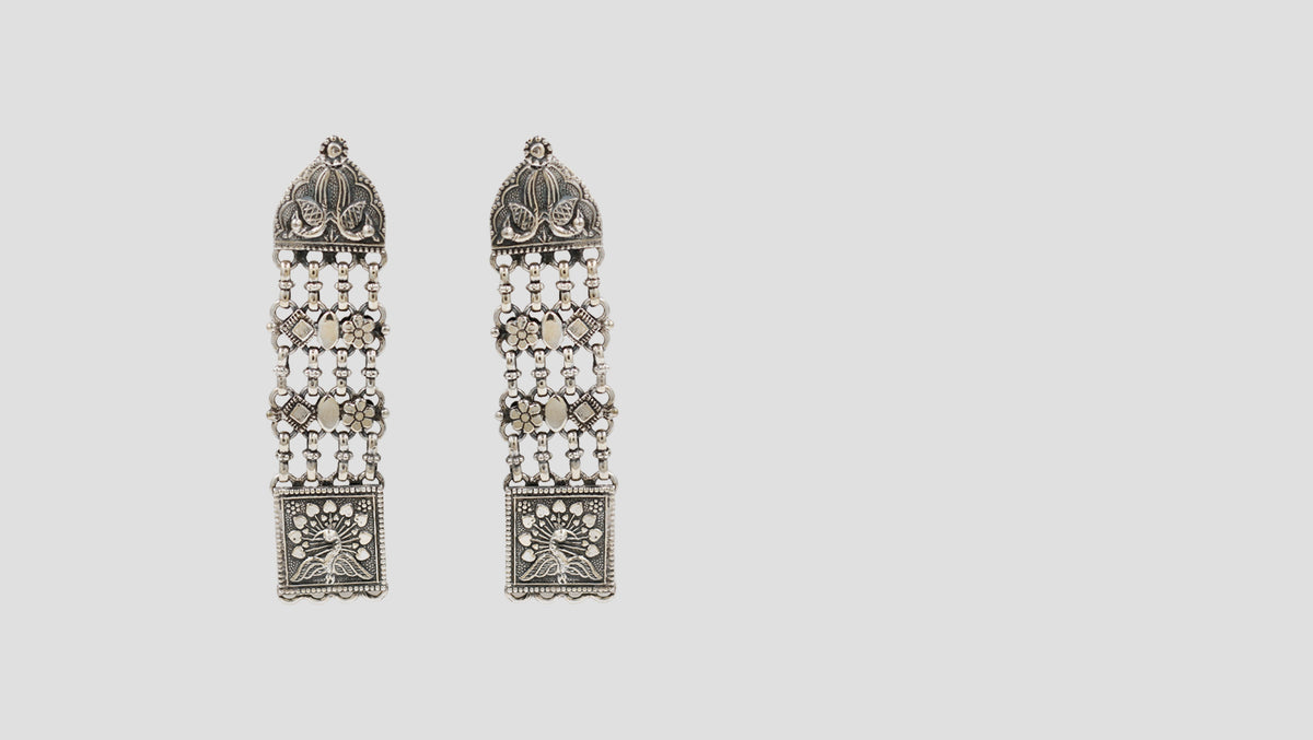 Sangeeta Boochra Handcrafted Oxidised Silver Peacock Motif Long Earrings
