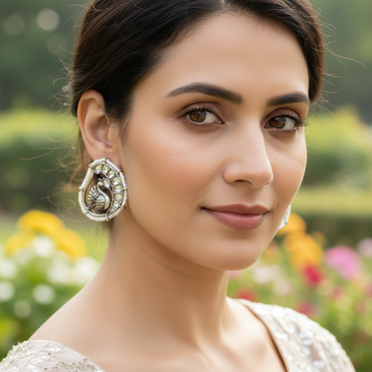 Sangeeta Boochra Handcrafted Peacock Kundan Earring in Sterling Silver