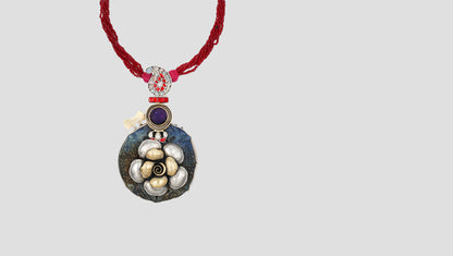 Sangeeta Boochra Handcrafted Silver Floral Pendant with Red Bead Strands