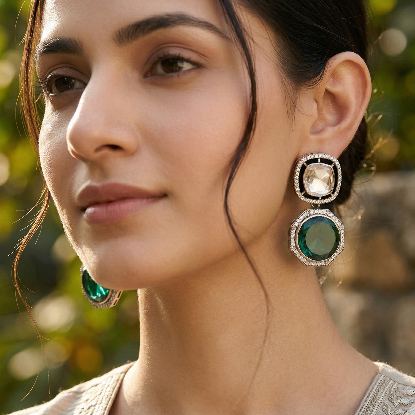 Sangeeta Boochra Moissanite & Emerald Green Drop Silver Earrings