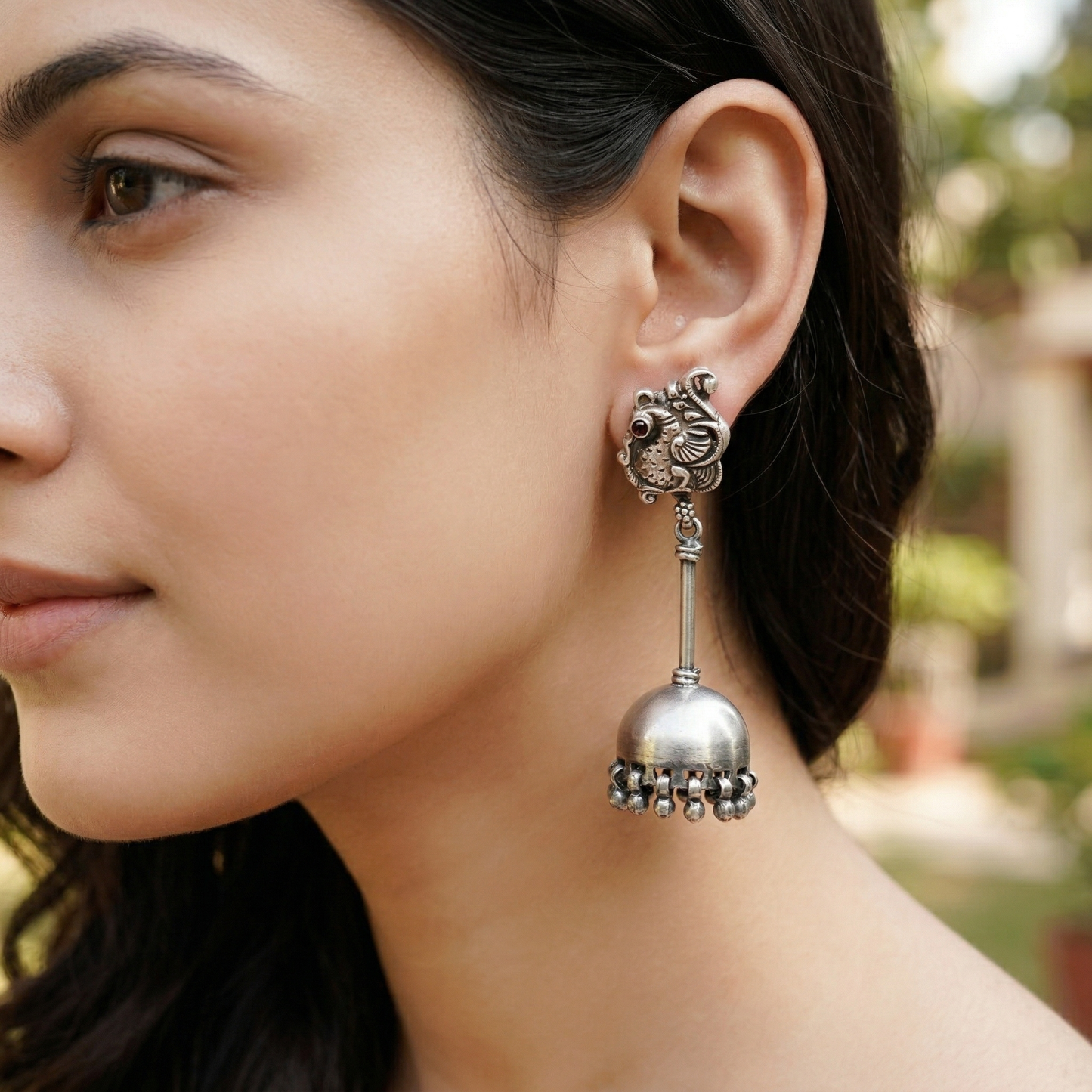 Sangeeta Boochra Oxidised Silver Peacock Motif Jhumka Earrings