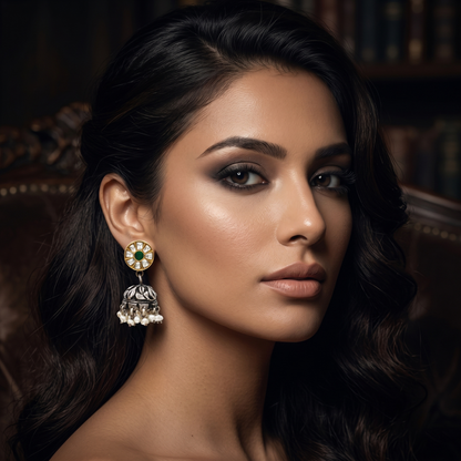 Sangeeta Boochra Dual Tone Kundan Pearl Jhumka Earrings