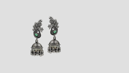 Sangeeta Boochra Peacock Motif Oxidised Silver Jhumka Earrings