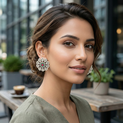 Sangeeta Boochra Artisan Kundan Silver Stud Earrings with Pearl Border
