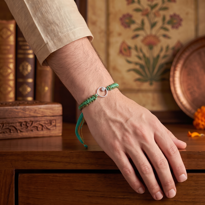 925 Sterling Silver Circle Rakhi with Green Thread | Sangeeta Boochra