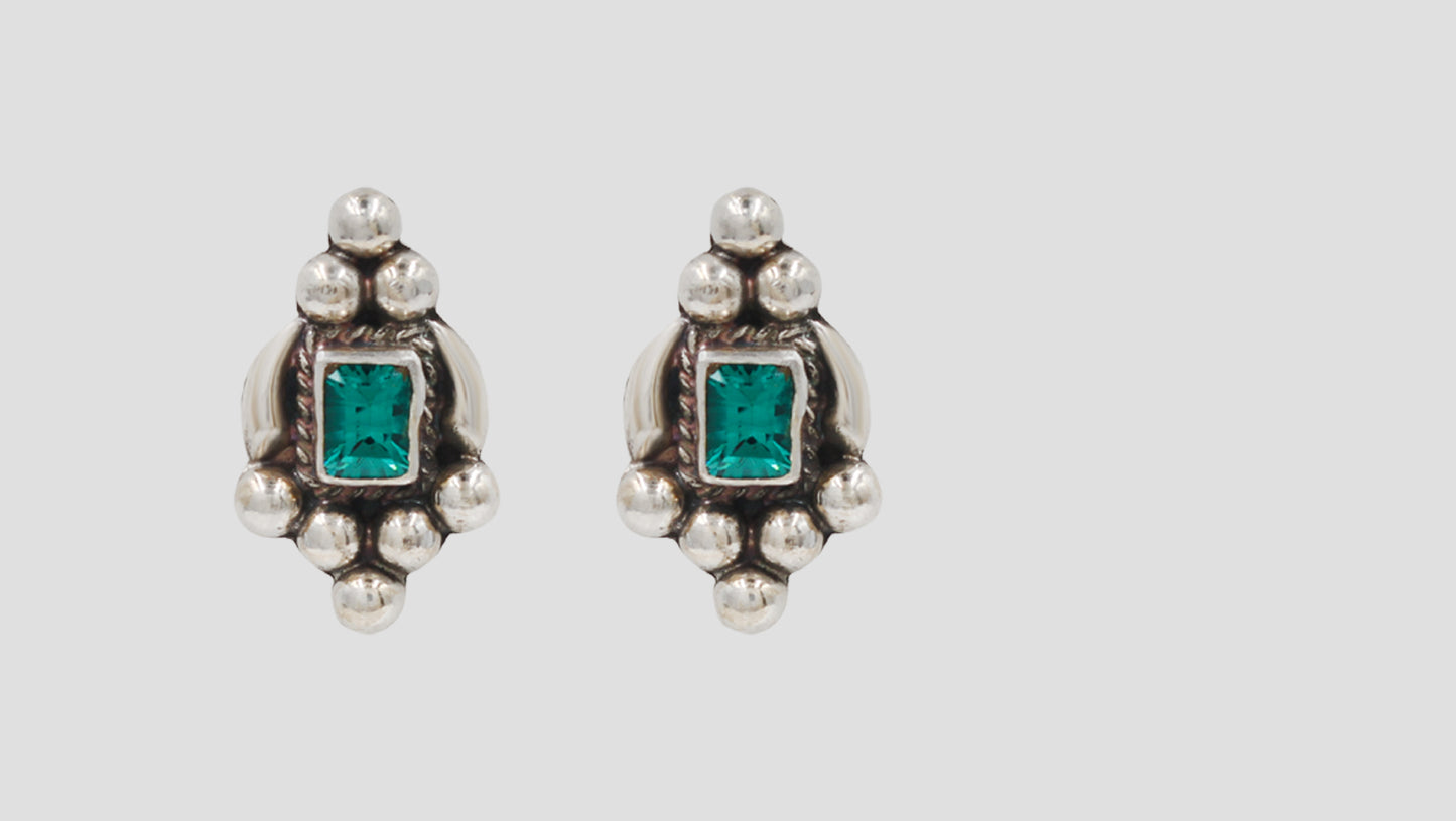 Handcrafted Oxidised Silver Stud Earrings with Green Stone | Sangeeta Boochra