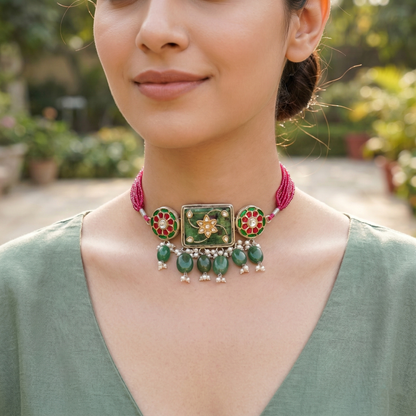 Sangeeta Boochra Red Beaded Silver Choker with Green Drop Beads