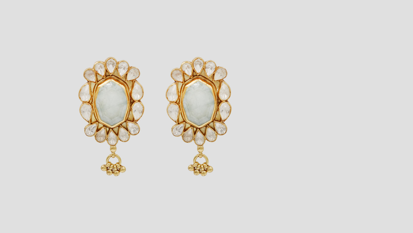 Sangeeta Boochra 925 Silver Gold Plated Moissanite & Aqua Stone Statement Earrings