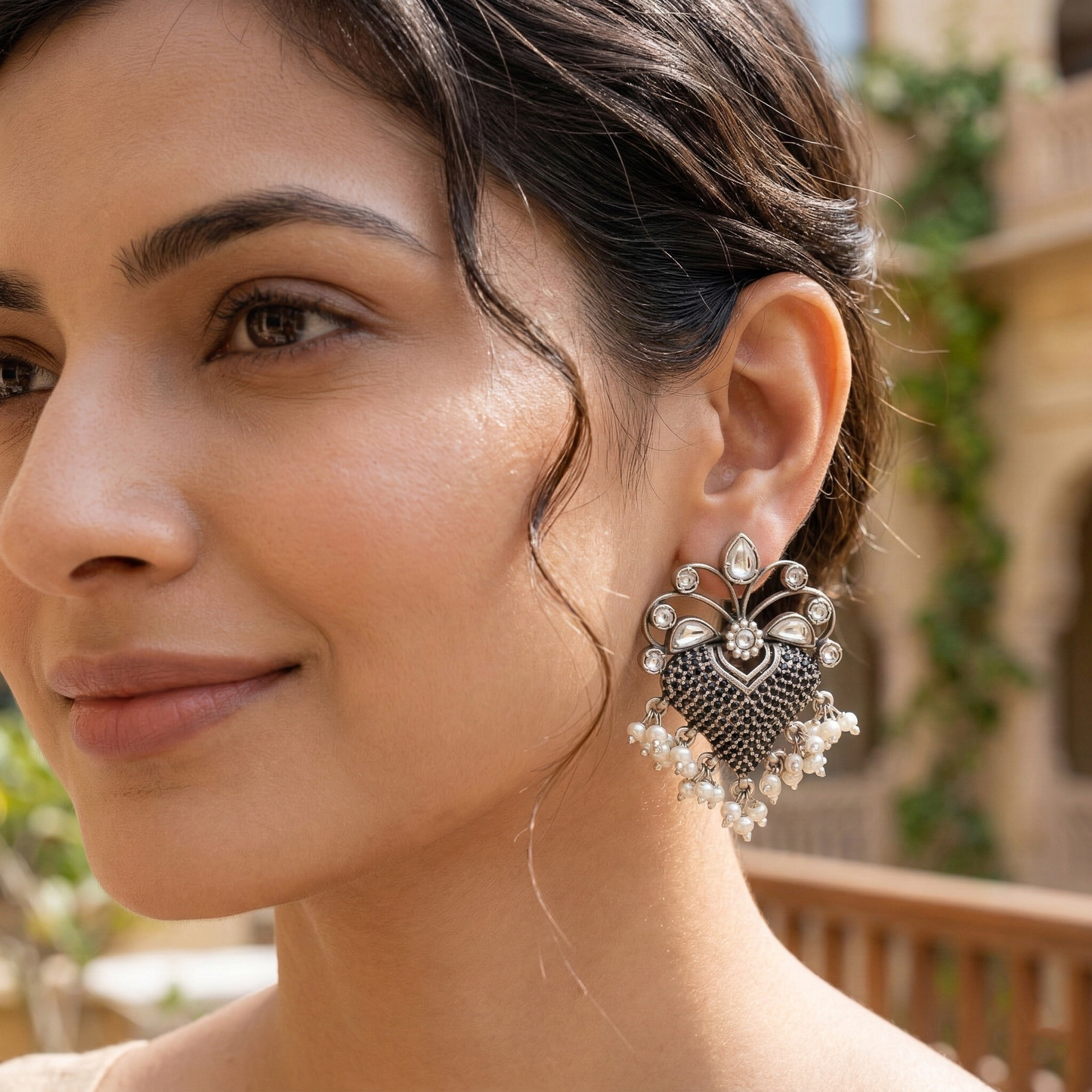 Sangeeta Boochra Oxidised Silver Kundan & Pearl Statement Earrings