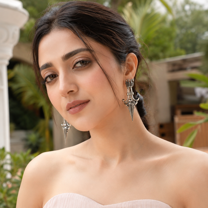 Sangeeta Boochra Handcrafted Oxidised Silver Peacock Motif Statement Earrings