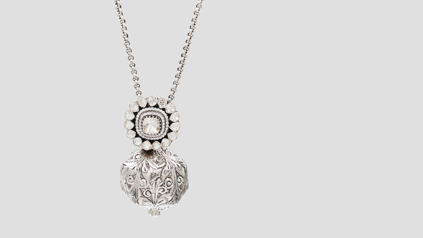 Sangeeta Boochra Oxidised Sterling Silver Heritage Pendant  with Moissanite Detailing