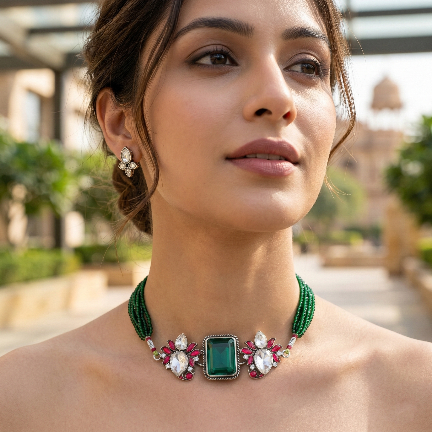 Sangeeta Boochra Silver Choker with Green Stone and Floral Accents
