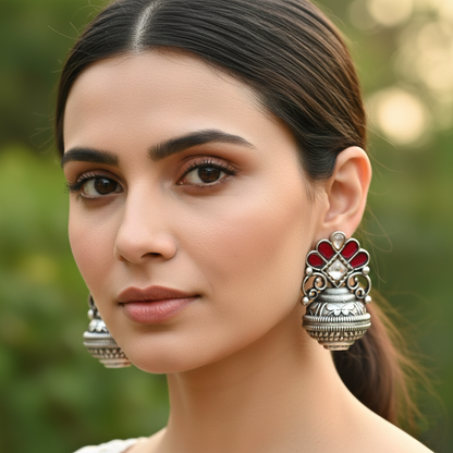 Sangeeta Boochra Red Kundan Floral Oxidised Silver Earrings