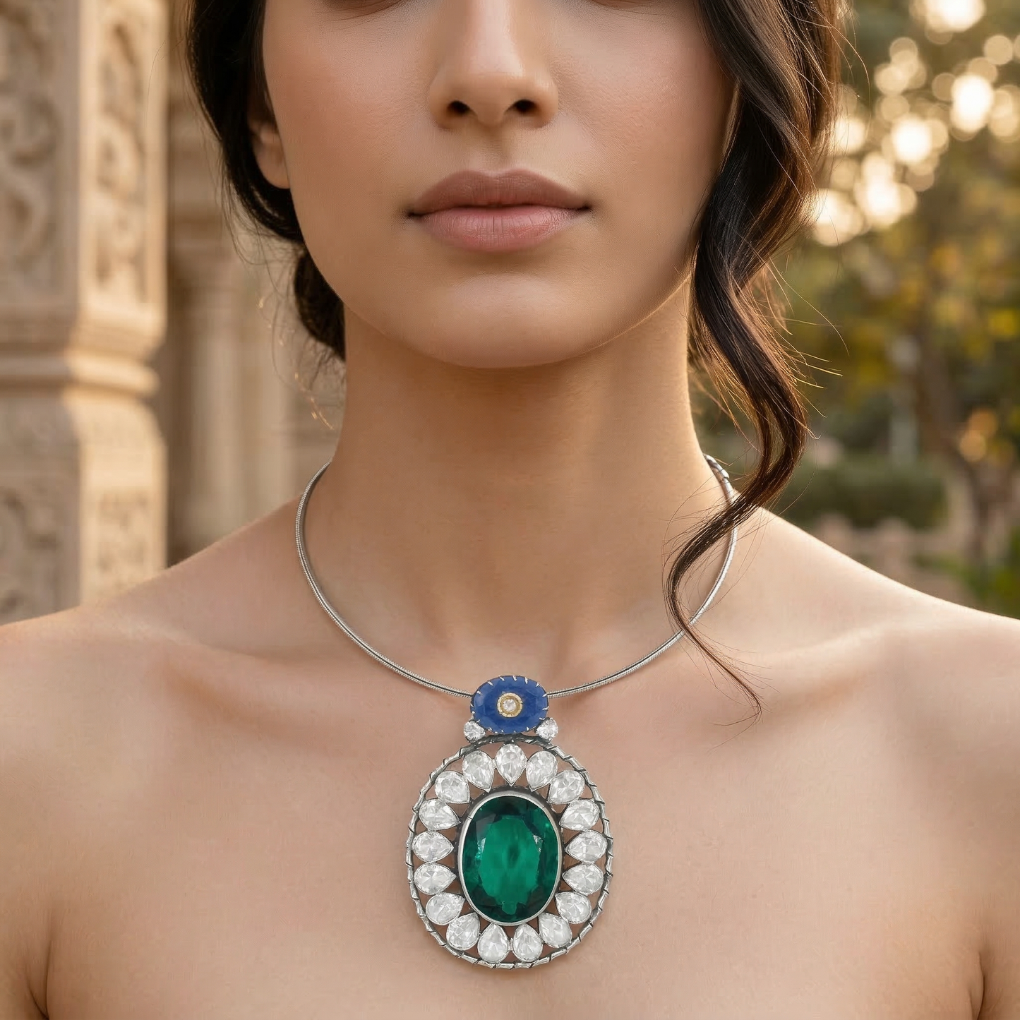Sangeeta Boochra Sapphire Halo Moissanite Pendant