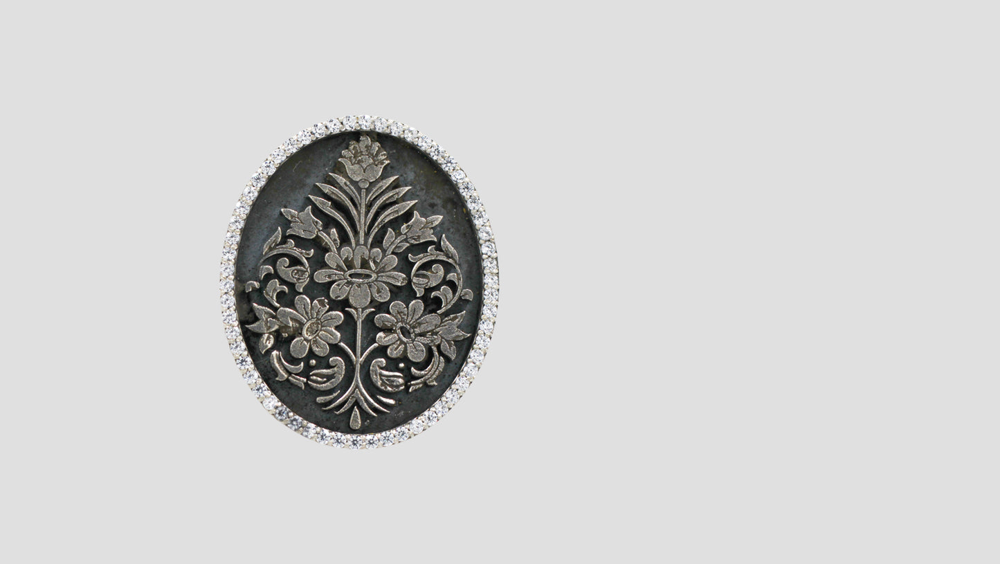 Handcrafted Oxidised Silver Classic Floral Brooch with Sparkling Stone Detailing | Sangeeta Boochra