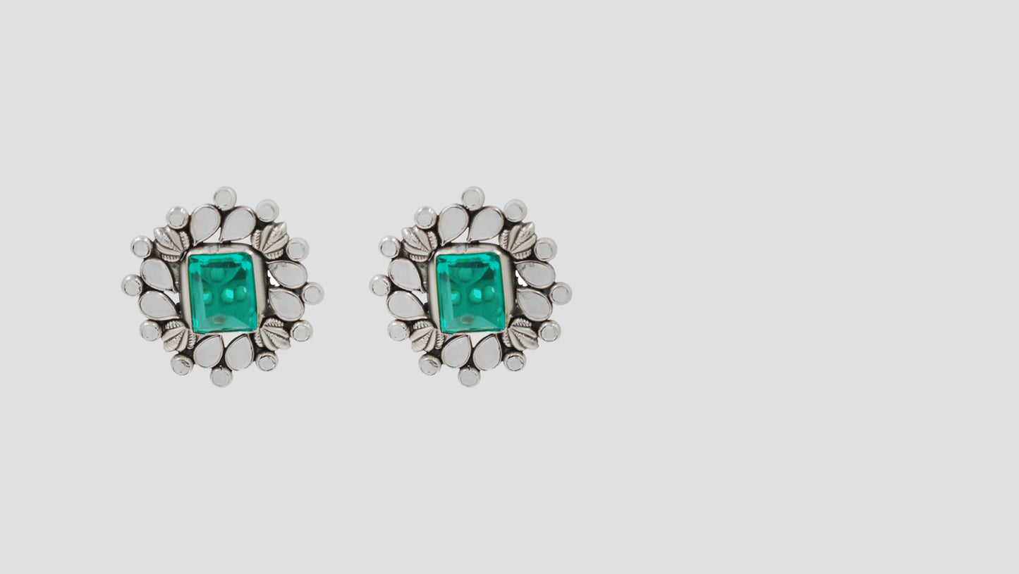 Sangeeta Boochra Artisan Silver Statement Stud Earrings with Green Gemstone